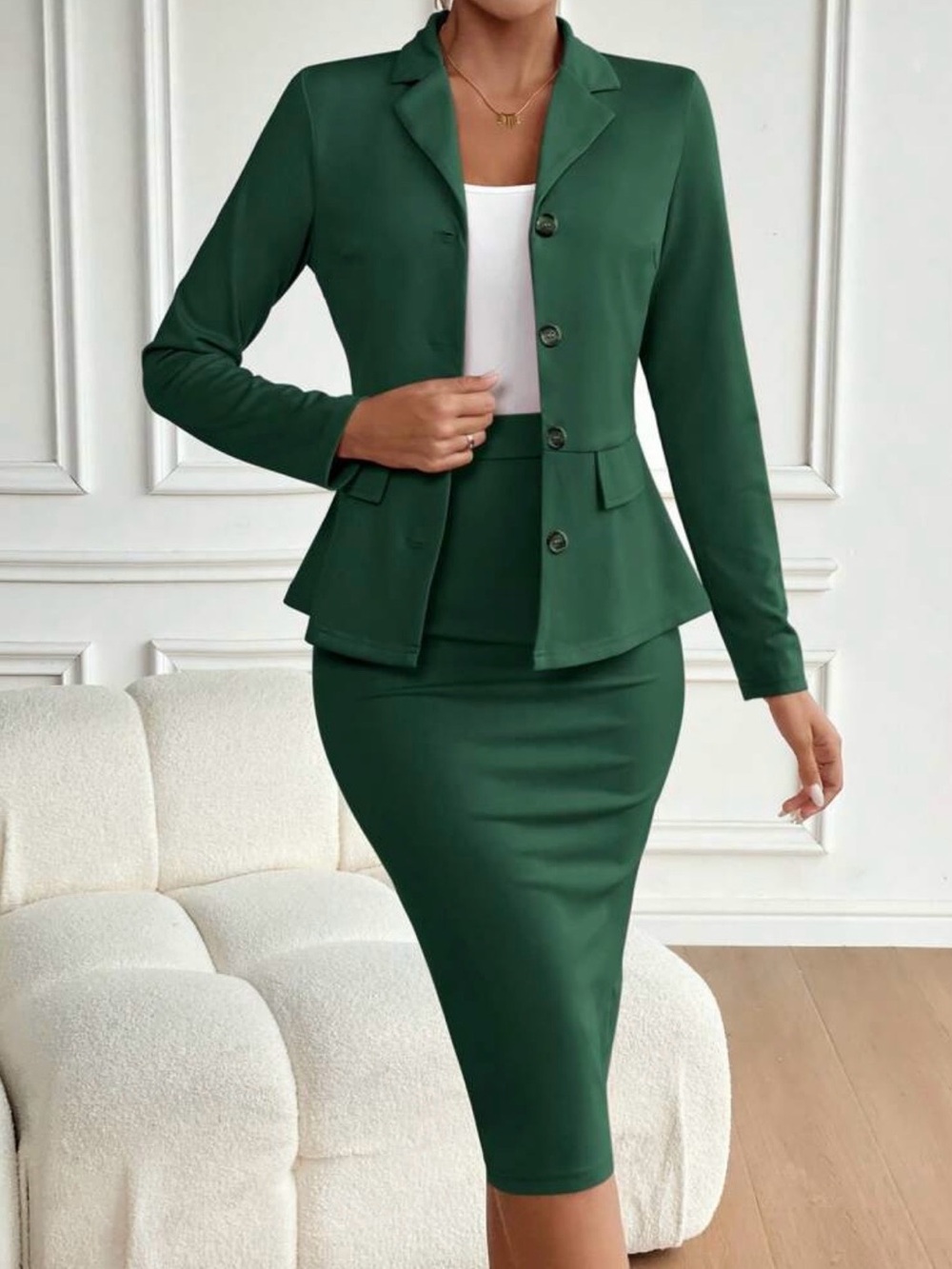 SHEIN Emerald Green Peplum Pencil Skirt Set